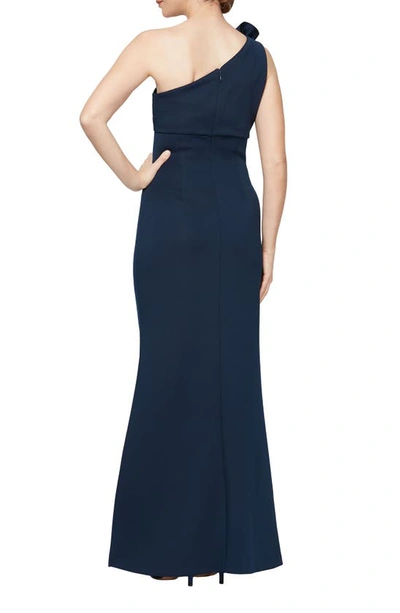 Sl Fashions Floral Detail One-shoulder Gown In Navy