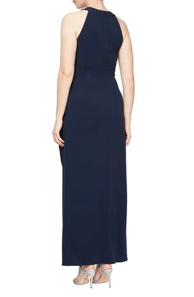 Shop Sl Fashions Crystal Embellished Halter Neck Tulip Gown In Navy