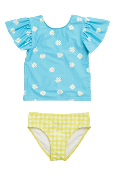 Shop Harper Canyon Kids' Patterned 2-piece Rashguard Swimsuit In Blue River Daisy- Gingham