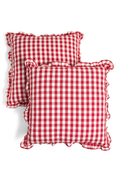 Shop Envogue Set Of 2 Gingham Ruffle Cotton Pillows In Red