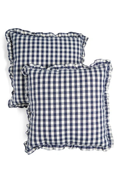 Shop Envogue Set Of 2 Gingham Ruffle Cotton Pillows In Blue