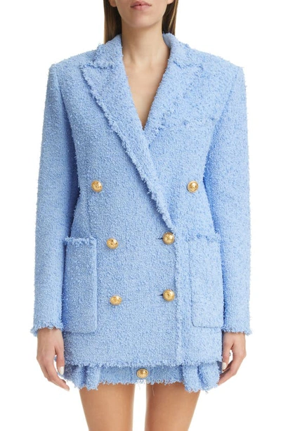 Shop Balmain Double Breasted Boxy Tweed Blazer In Lt Blue