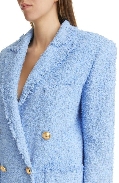 Shop Balmain Double Breasted Boxy Tweed Blazer In Lt Blue