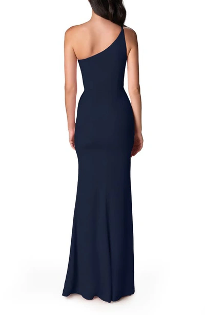 Dress The Population Amy One-shoulder Crepe Gown In Midnight Blue