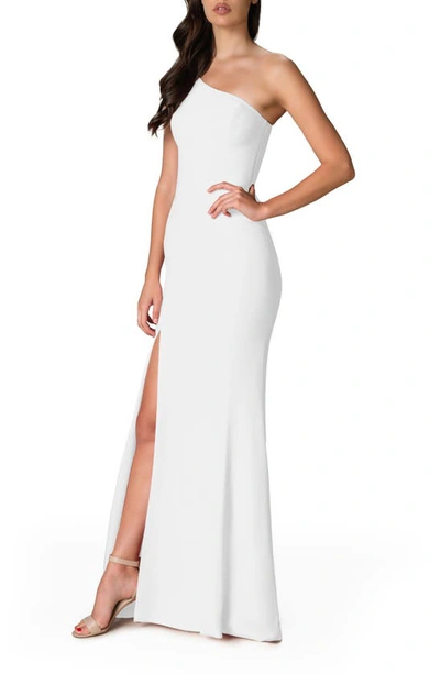 Shop Dress The Population Amy One-shoulder Crepe Gown In Off White