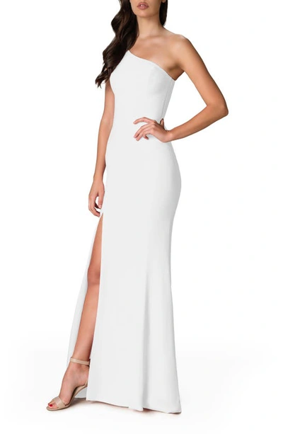 Dress The Population Amy One-shoulder Crepe Gown In Off White