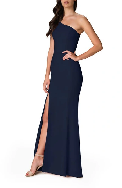 Shop Dress The Population Amy One-shoulder Crepe Gown In Midnight Blue