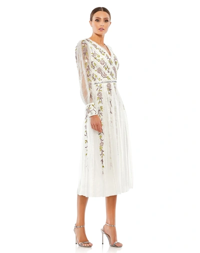 Shop Mac Duggal Long Sleeve Embroidered Wrap Midi Dress In Ivory Multi