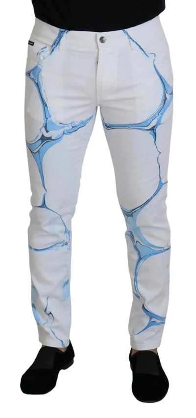 Shop Dolce & Gabbana White Blue Denim Cotton Jeans Stretch Skinny Fit Men's Pant