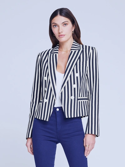 L Agence Brooke Striped Cropped Blazer In Navy/ecru Stripe