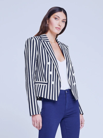 L Agence Brooke Striped Cropped Blazer In Navy/ecru Stripe