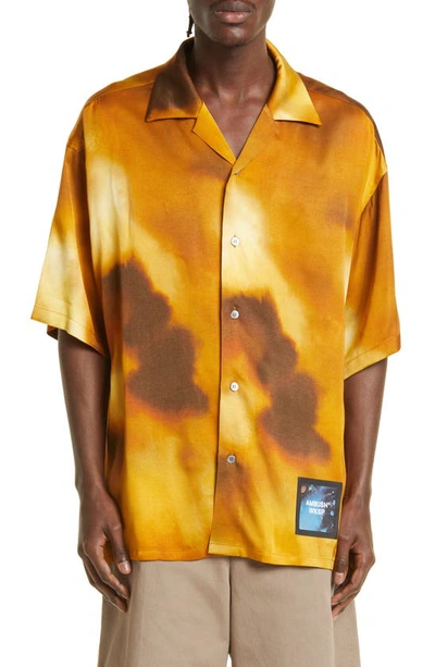 Shop Ambush Short Sleeve Button-up Bowling Shirt In Ceylon Yellow Black