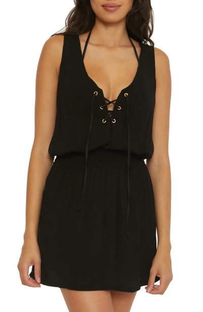 Shop Becca Ponza Plunge Lace-up Cover-up Dress In Black