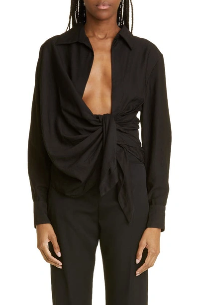 Shop Jacquemus Bahia Open Drape Long Sleeve Shirt In Black