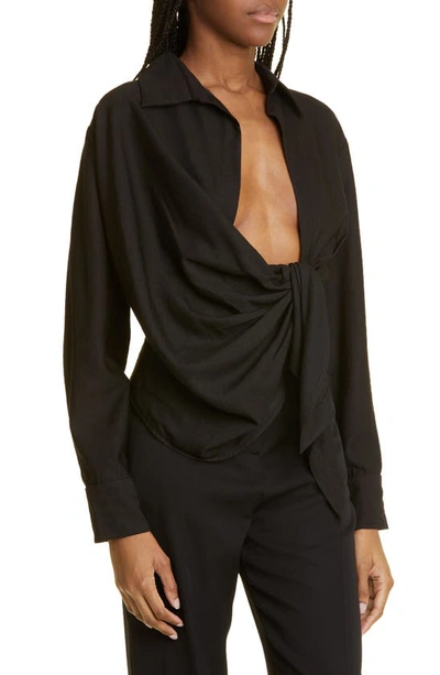 Shop Jacquemus Bahia Open Drape Long Sleeve Shirt In Black