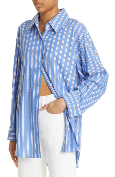 Shop Alexander Wang Stripe Clear Crystal Beaded Button-up Poplin Shirt In Blue/ White