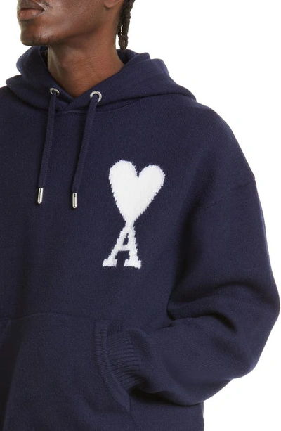 Shop Ami Alexandre Mattiussi Ami De Coeur Logo Intarsia Wool Hoodie Sweater In Nautic Blue / White/ 493