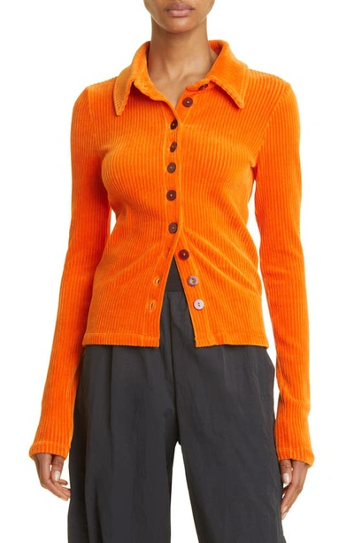 Shop Kkco Scallop Rib Velour Button-up Shirt In Carrot