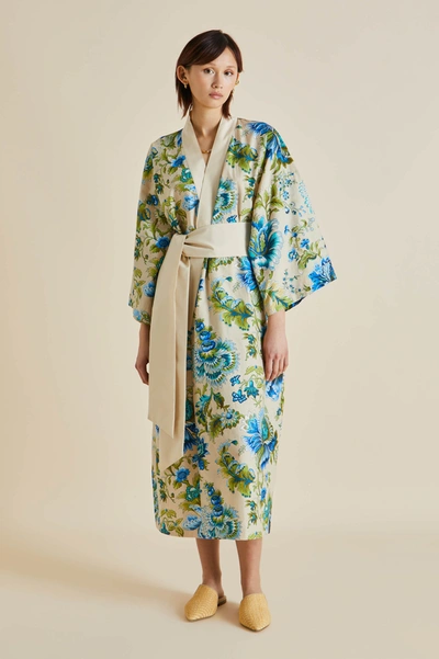 Shop Olivia Von Halle Amaya Jasmine Blue Floral Cotton-silk Robe