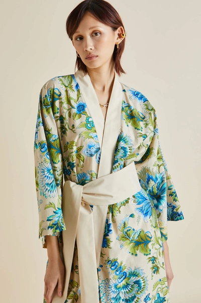 Shop Olivia Von Halle Amaya Jasmine Blue Floral Cotton-silk Robe