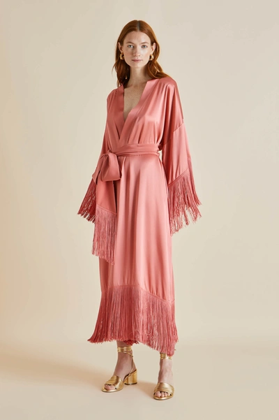 OLIVIA VON HALLE AMINA ROSE PINK SILK FRINGED ROBE 