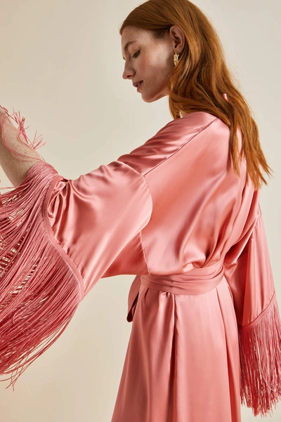 OLIVIA VON HALLE AMINA ROSE PINK SILK FRINGED ROBE 