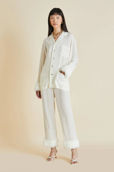 Shop Olivia Von Halle Casablanca Kiki Faux Fur Pyjama Set In Silk Crêpe De Chine