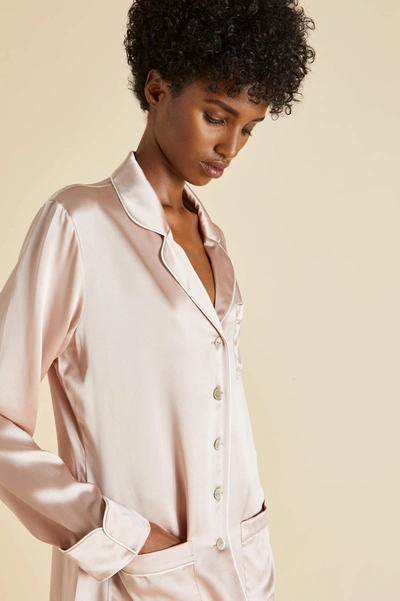 Shop Olivia Von Halle Coco Oyster Ivory Pyjamas In Silk Satin