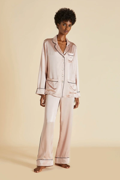 Shop Olivia Von Halle Coco Oyster Navy Silk Satin Pyjama Set