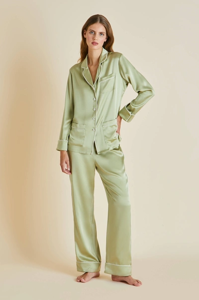 Shop Olivia Von Halle Coco Tourmaline Silk Satin Pyjama Set