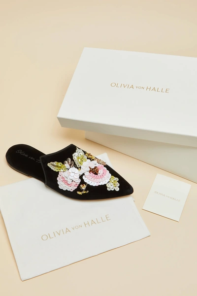 Shop Olivia Von Halle Contessa Aquila Black Velvet Slippers