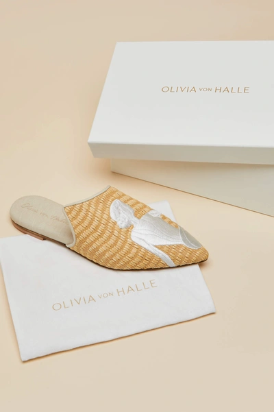 Shop Olivia Von Halle Contessa Viola Beige Embroidered Raffia Slippers