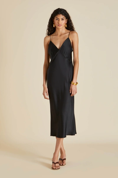Shop Olivia Von Halle Issa Jet Black Slip Dress In Silk Satin