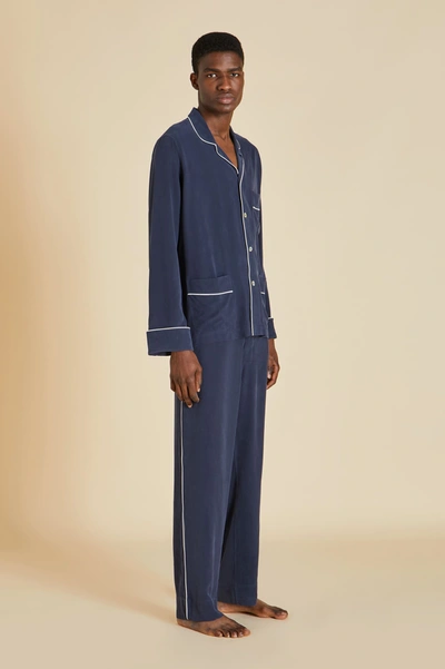 Shop Olivia Von Halle Laurent Navy Pyjama Set In Sandwashed Silk