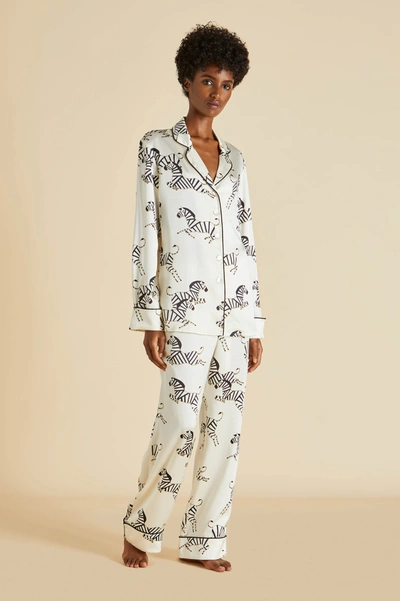 Shop Olivia Von Halle Lila Zebedee Ivory Pyjama Set In Silk Satin