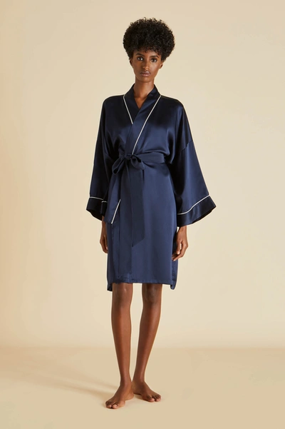 Shop Olivia Von Halle Mimi Navy Robe In Silk Satin