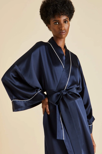 Shop Olivia Von Halle Mimi Navy Robe In Silk Satin