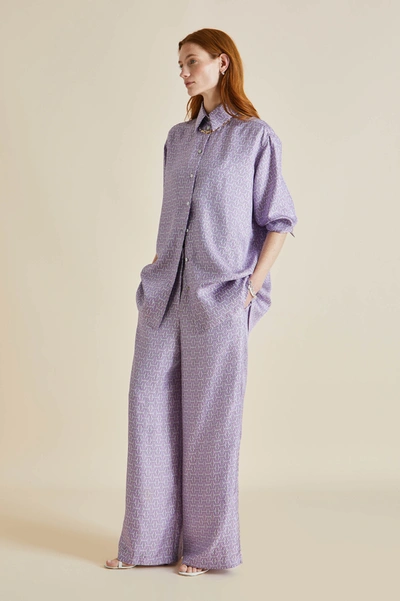 Shop Olivia Von Halle Wolfe Horizon Lilac Geometric Silk Twill Pyjamas