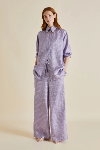 Shop Olivia Von Halle Wolfe Horizon Lilac Geometric Silk Twill Pyjamas