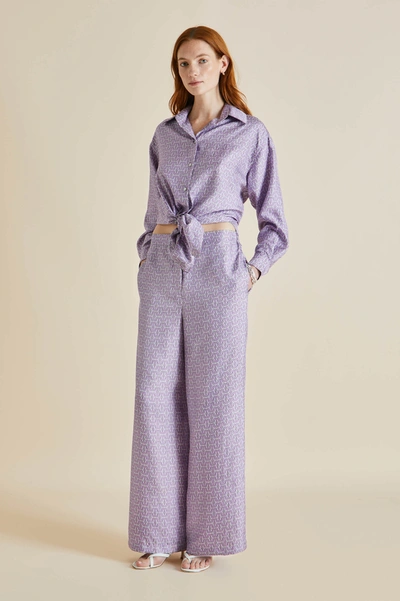 Shop Olivia Von Halle Wolfe Horizon Lilac Geometric Silk Twill Pyjamas