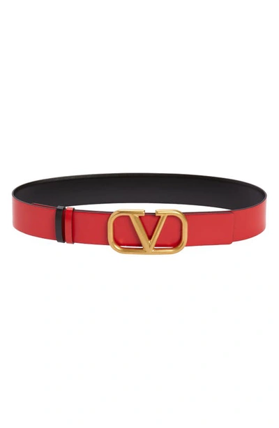 Shop Valentino Vlogo Buckle Reversible Leather Belt In Nero/ Rouge Pur