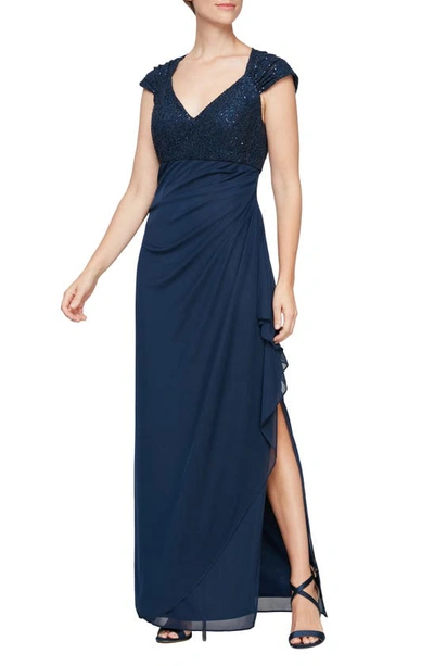 Shop Alex Evenings Cap Sleeve Empire Waist Evening Gown In Navy