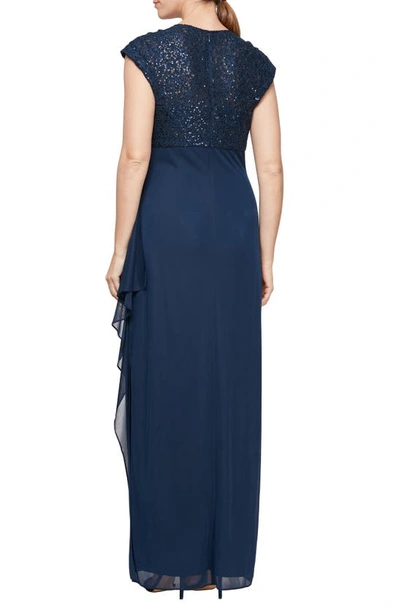 Alex Evenings Sequin Lace Bodice Empire Waist Gown In Navy