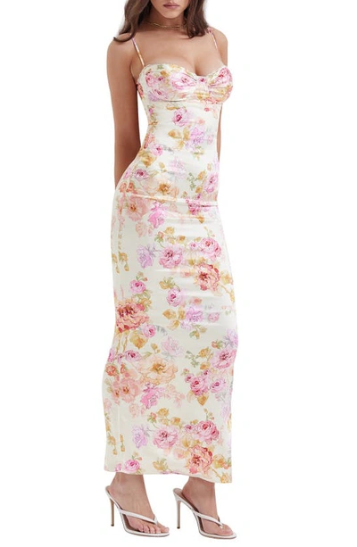 House Of Cb Josefina Floral Bustier Bodice Stretch Satin Body-con Dress In Ivory Floral
