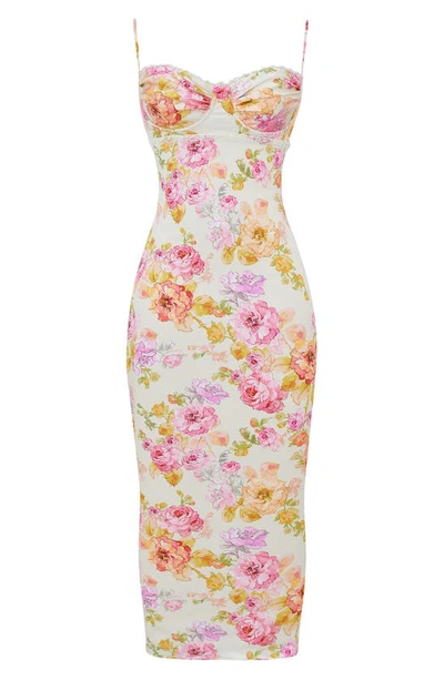 House Of Cb Josefina Floral Bustier Bodice Stretch Satin Body-con Dress In Ivory Floral