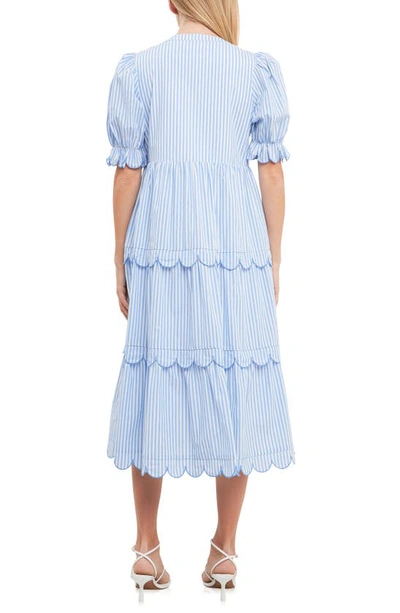 English Factory Puff Sleeve Tiered Midi Dress In Blue Stripe