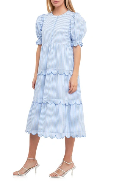 English Factory Puff Sleeve Tiered Midi Dress In Blue Stripe