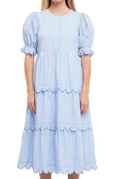 English Factory Puff Sleeve Tiered Midi Dress In Blue Stripe