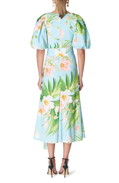 Shop Carolina Herrera Floral Print Ruched Cotton Stretch Poplin Dress In Aquamarine Mult