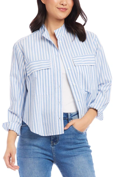 Shop Karen Kane Stripe Cotton Shirt Jacket In Blue Stripe